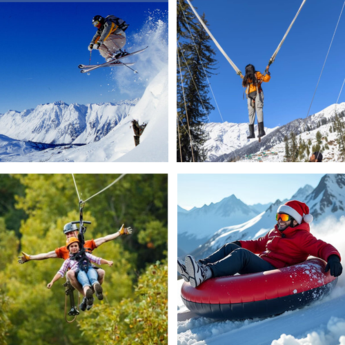 Winter advanture activities skiing, bungee jumping, ziplining, snow tubing in sunny snowy mountains of manali