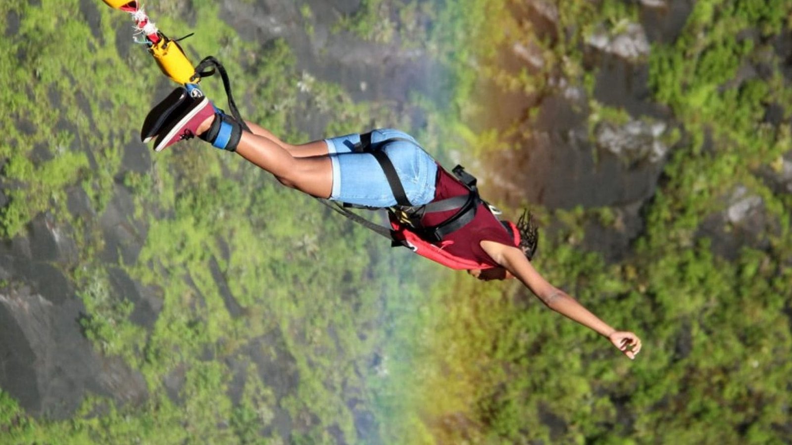 Person bungee jumping over the lush green valley of Manali