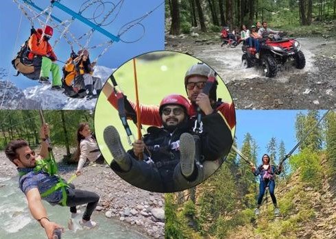 Group enjoying outdoor adventure activities like paragliding and ATV riding