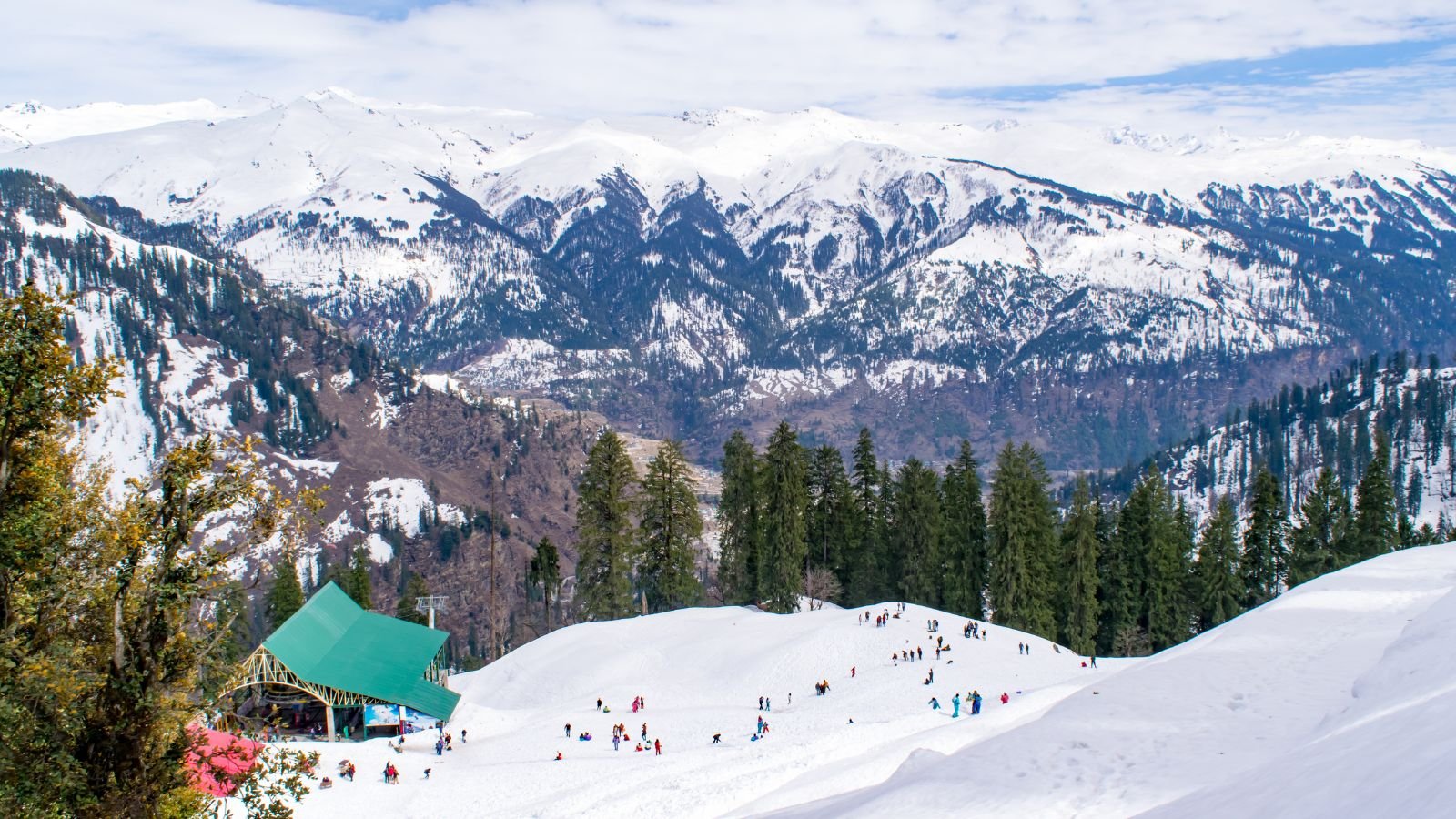 Snowy mountain landscape with skiers gliding down the slopes, surrounded by tall pine trees and scenic alpine views.