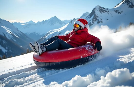 Man in red jacket enjoying  snow tubing advanture activitydown mountain on sunny day 