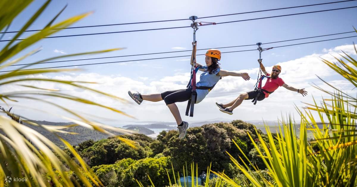 Two people ziplining over a scenic landscape filled with lush greenery and a vibrant blue sky, enjoying an exciting outdoor adventure.