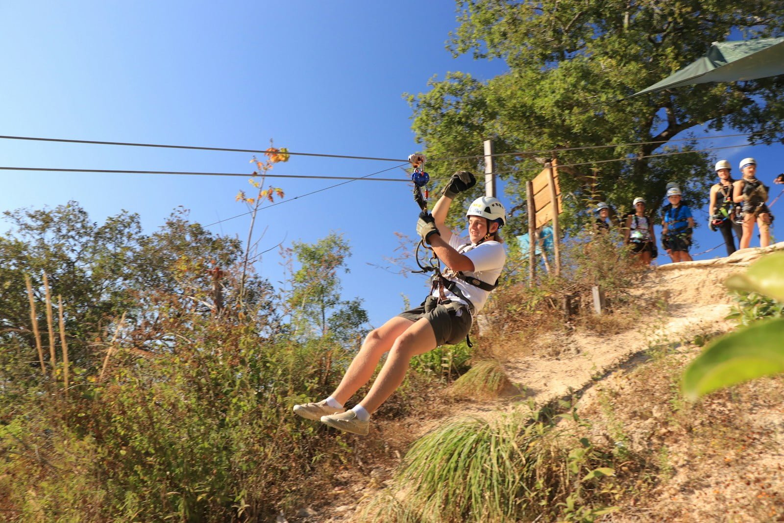 Person ziplining through scenic forest area of manali